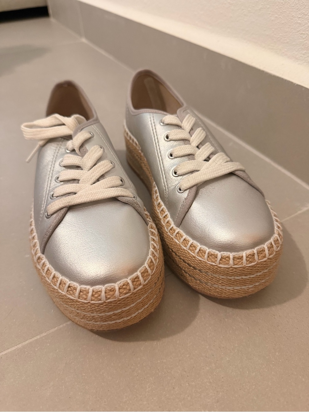 Silver Platform Espadrille Lace-Up Sneakers